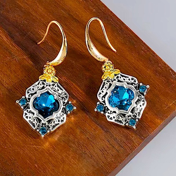 Vintage Blue Topaz Crystal Zircon Two Tone Dangle Earrings - Picture 2 of 5